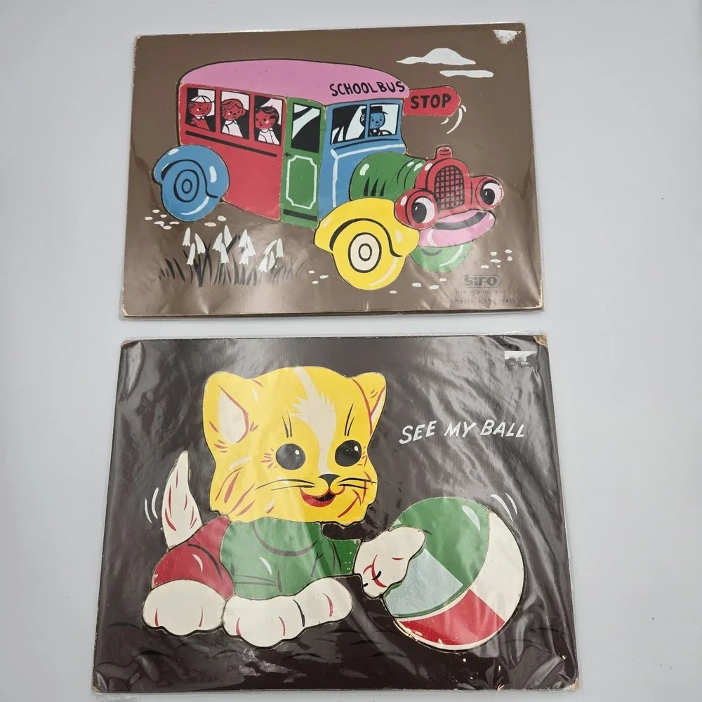 SiFO Wooden Vintage Cat Kitten‎ Puzzle 1960's And School Bus Set
